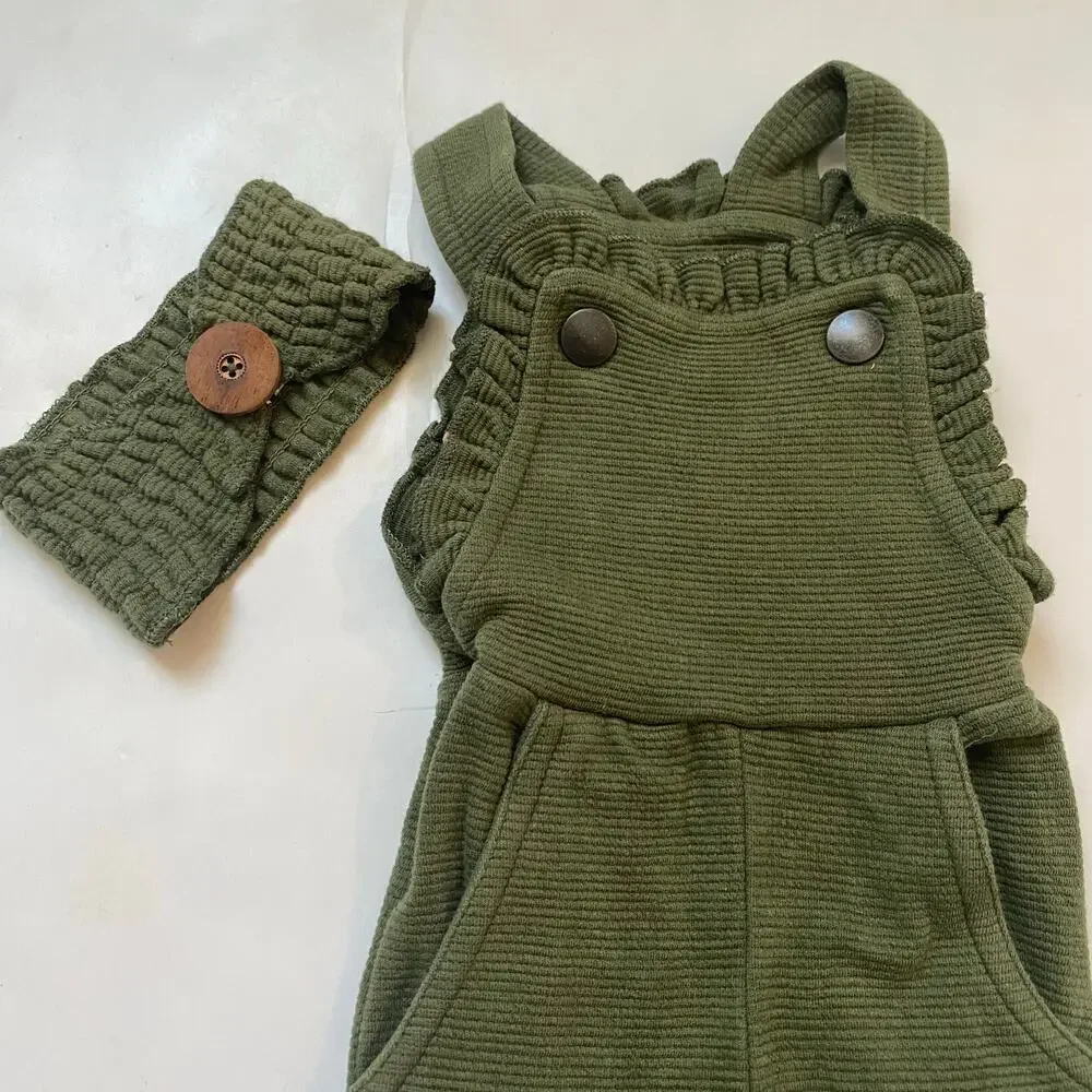 NEW Lovedbaby Forest Green Ribbed Ruffle Overalls Headband Organic Cotton Outfit